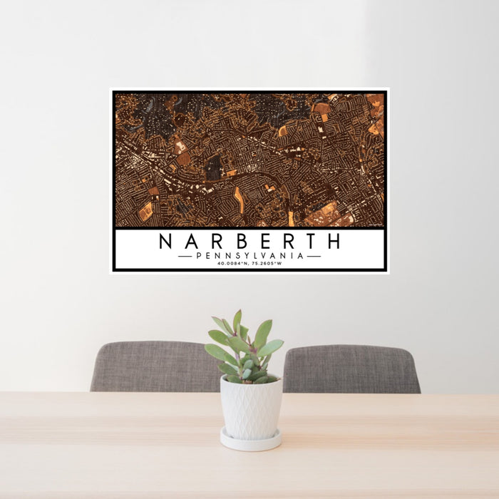 24x36 Narberth Pennsylvania Map Print Lanscape Orientation in Ember Style Behind 2 Chairs Table and Potted Plant