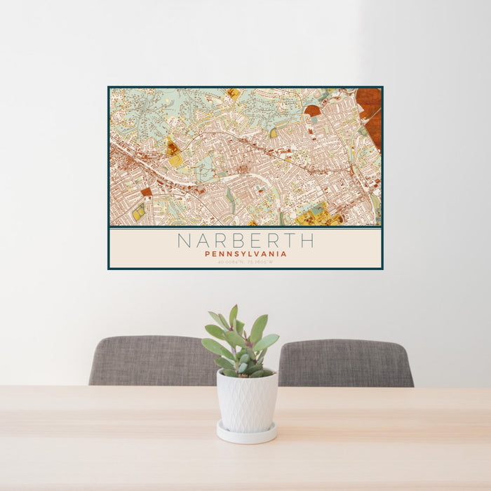 24x36 Narberth Pennsylvania Map Print Lanscape Orientation in Woodblock Style Behind 2 Chairs Table and Potted Plant