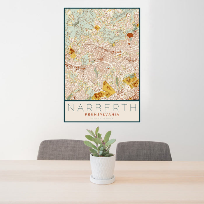 24x36 Narberth Pennsylvania Map Print Portrait Orientation in Woodblock Style Behind 2 Chairs Table and Potted Plant
