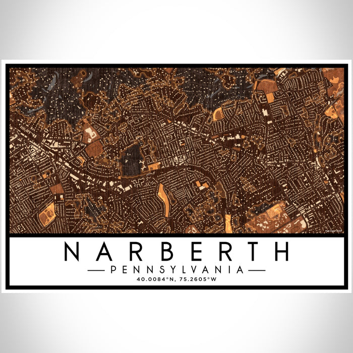 Narberth Pennsylvania Map Print Landscape Orientation in Ember Style With Shaded Background