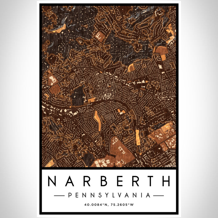 Narberth Pennsylvania Map Print Portrait Orientation in Ember Style With Shaded Background