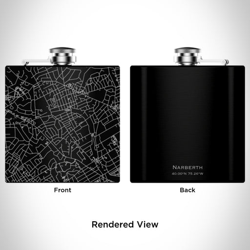 Rendered View of Narberth Pennsylvania Map Engraving on 6oz Stainless Steel Flask in Black