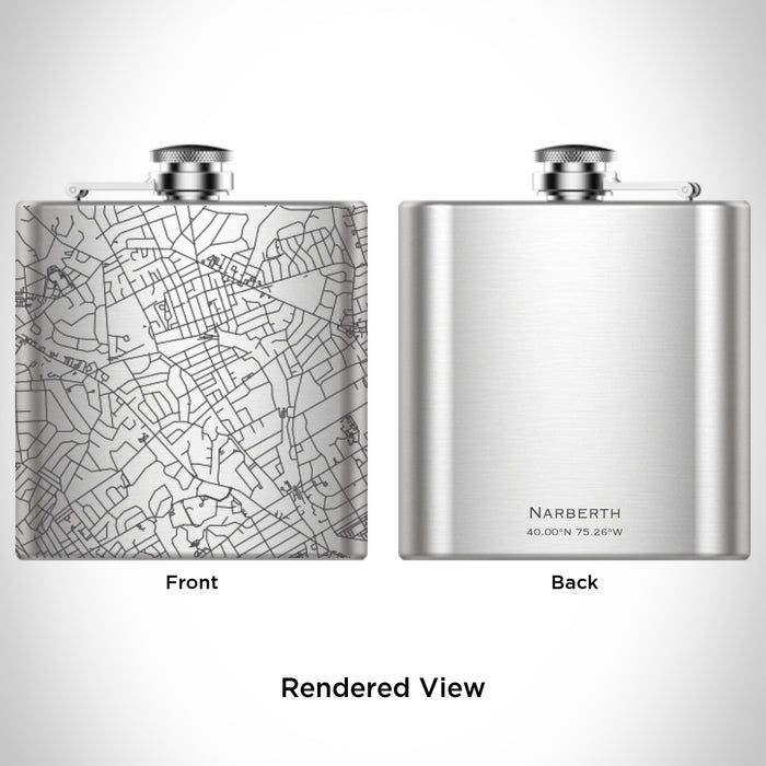 Rendered View of Narberth Pennsylvania Map Engraving on 6oz Stainless Steel Flask