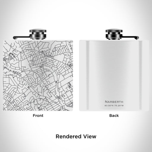 Rendered View of Narberth Pennsylvania Map Engraving on 6oz Stainless Steel Flask in White