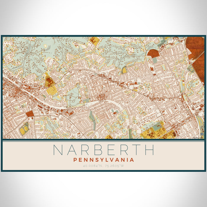Narberth Pennsylvania Map Print Landscape Orientation in Woodblock Style With Shaded Background