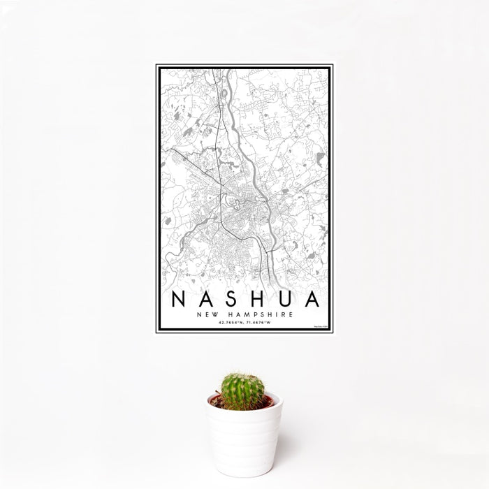 12x18 Nashua New Hampshire Map Print Portrait Orientation in Classic Style With Small Cactus Plant in White Planter