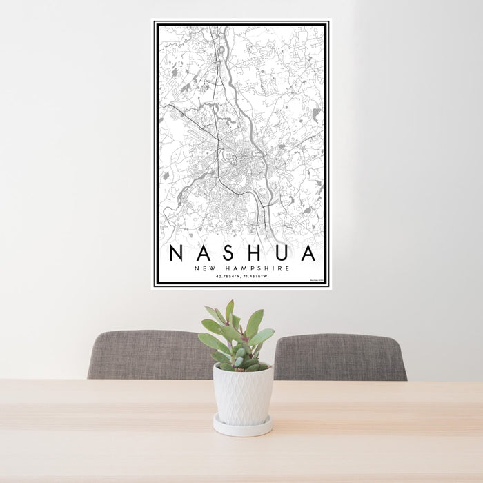 24x36 Nashua New Hampshire Map Print Portrait Orientation in Classic Style Behind 2 Chairs Table and Potted Plant