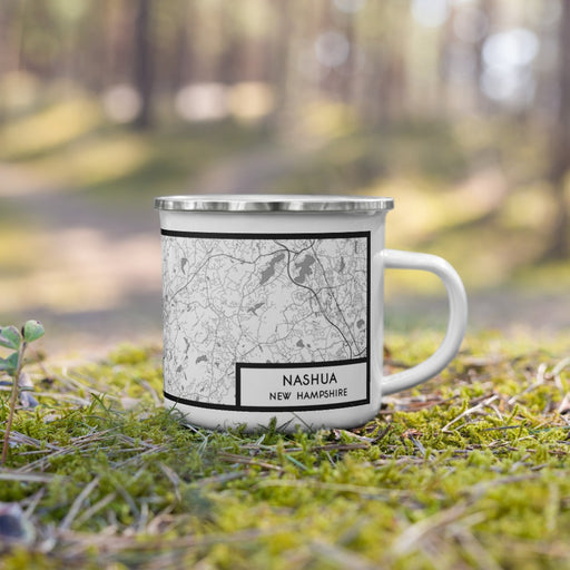 Right View Custom Nashua New Hampshire Map Enamel Mug in Classic on Grass With Trees in Background