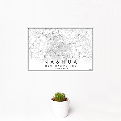 12x18 Nashua New Hampshire Map Print Landscape Orientation in Classic Style With Small Cactus Plant in White Planter