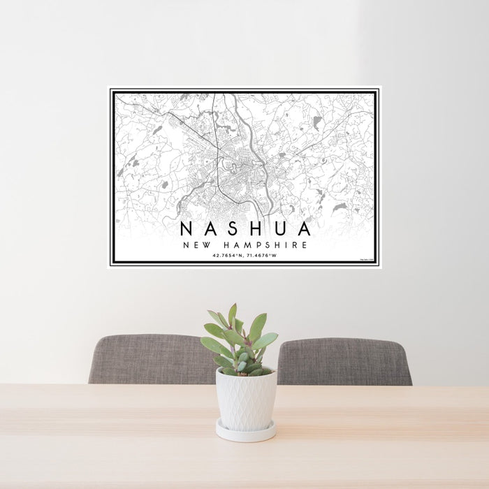 24x36 Nashua New Hampshire Map Print Landscape Orientation in Classic Style Behind 2 Chairs Table and Potted Plant