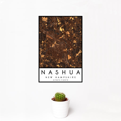12x18 Nashua New Hampshire Map Print Portrait Orientation in Ember Style With Small Cactus Plant in White Planter