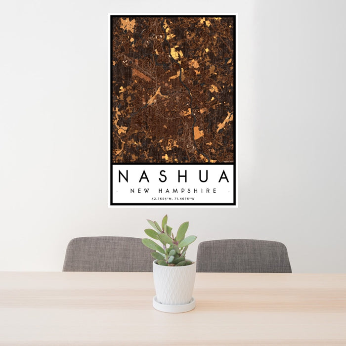 24x36 Nashua New Hampshire Map Print Portrait Orientation in Ember Style Behind 2 Chairs Table and Potted Plant