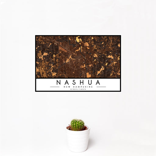 12x18 Nashua New Hampshire Map Print Landscape Orientation in Ember Style With Small Cactus Plant in White Planter