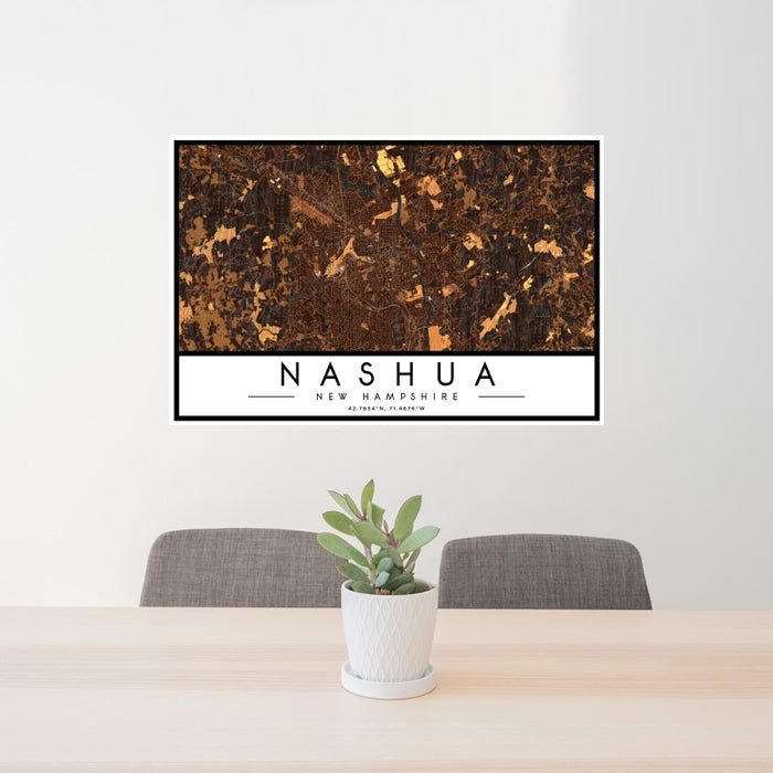 24x36 Nashua New Hampshire Map Print Landscape Orientation in Ember Style Behind 2 Chairs Table and Potted Plant