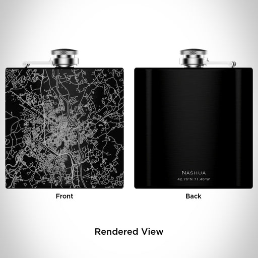 Rendered View of Nashua New Hampshire Map Engraving on 6oz Stainless Steel Flask in Black
