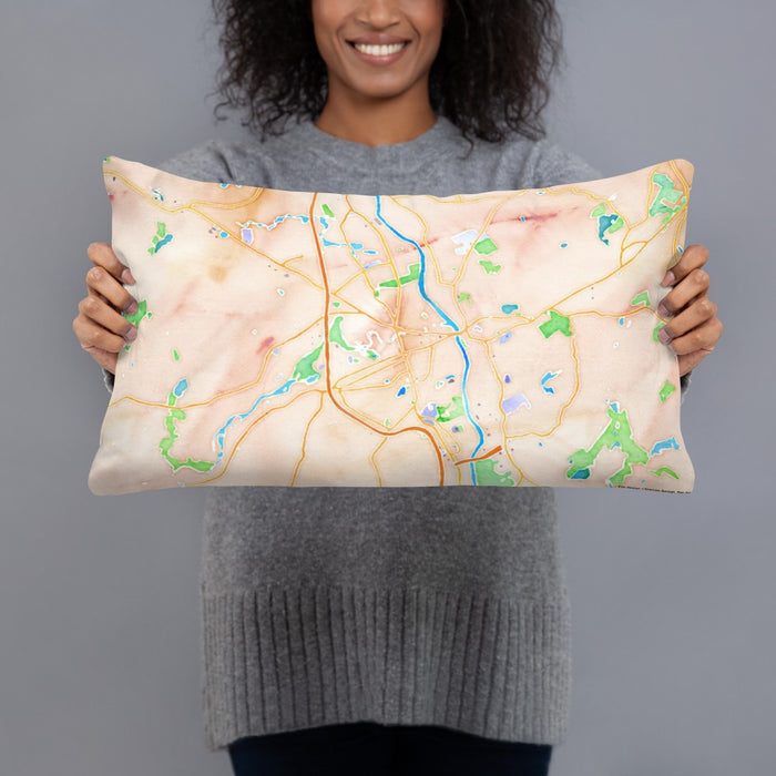 Person holding 20x12 Custom Nashua New Hampshire Map Throw Pillow in Watercolor