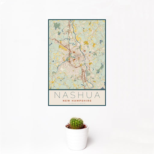 12x18 Nashua New Hampshire Map Print Portrait Orientation in Woodblock Style With Small Cactus Plant in White Planter