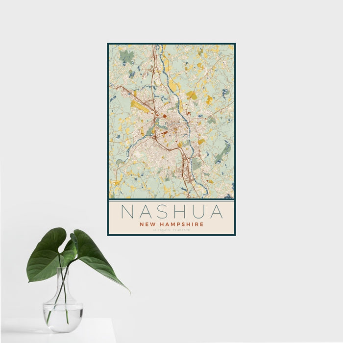16x24 Nashua New Hampshire Map Print Portrait Orientation in Woodblock Style With Tropical Plant Leaves in Water