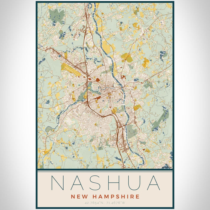 Nashua New Hampshire Map Print Portrait Orientation in Woodblock Style With Shaded Background