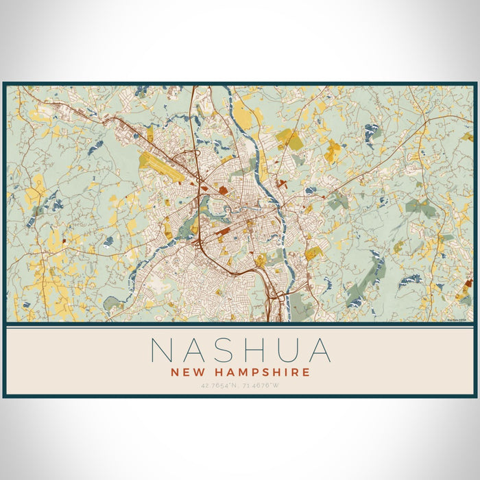 Nashua New Hampshire Map Print Landscape Orientation in Woodblock Style With Shaded Background