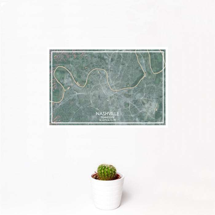 12x18 Nashville Tennessee Map Print Landscape Orientation in Afternoon Style With Small Cactus Plant in White Planter