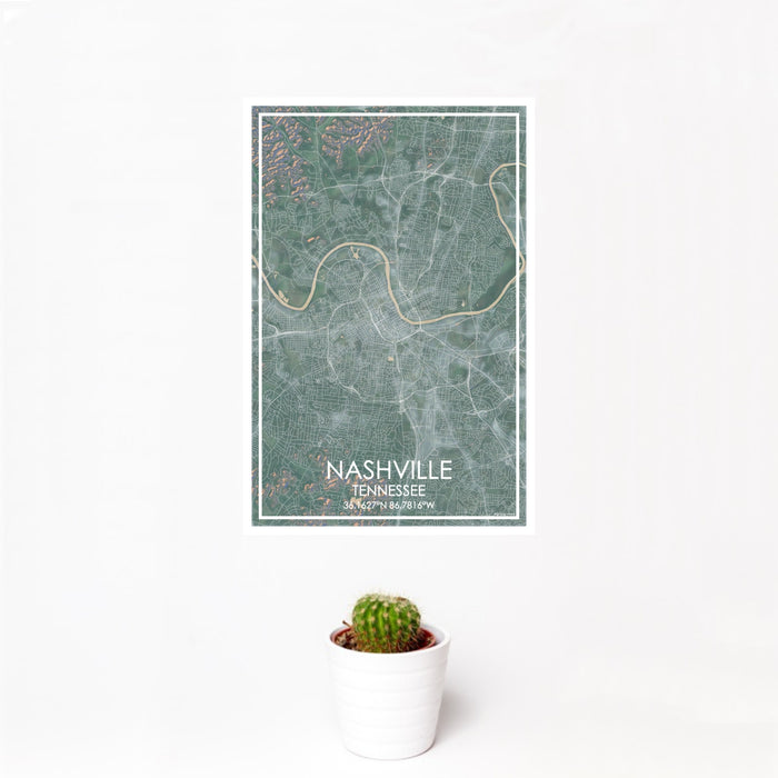 12x18 Nashville Tennessee Map Print Portrait Orientation in Afternoon Style With Small Cactus Plant in White Planter