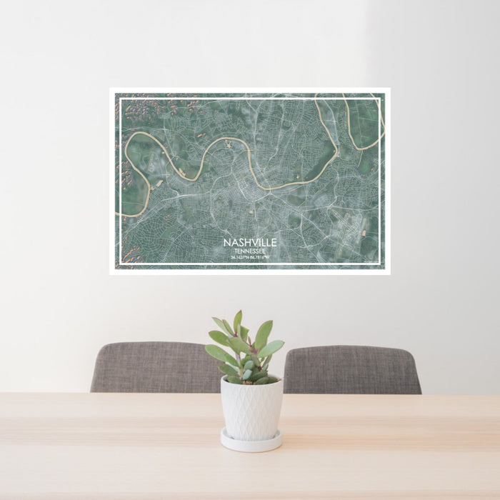 24x36 Nashville Tennessee Map Print Lanscape Orientation in Afternoon Style Behind 2 Chairs Table and Potted Plant