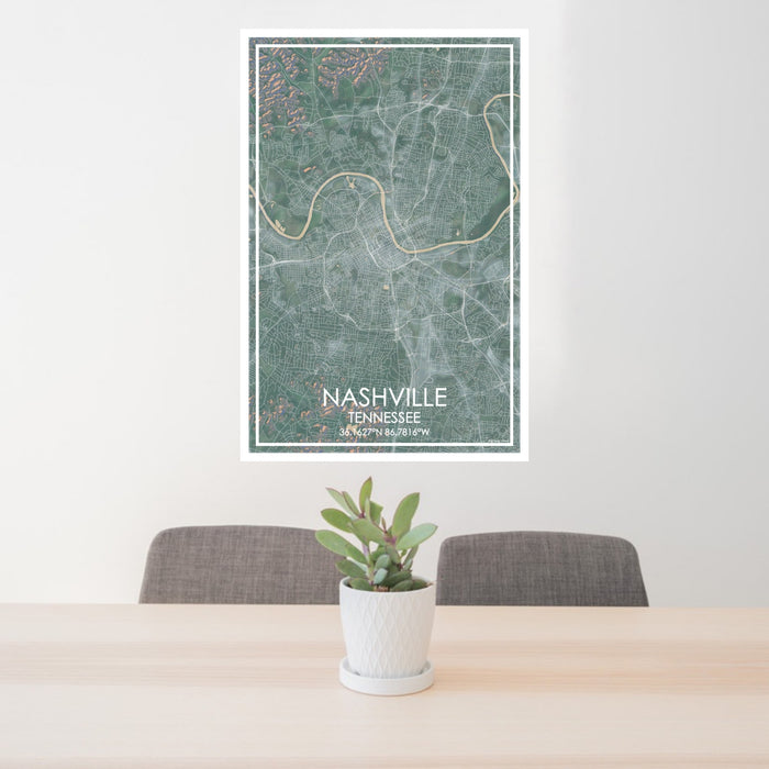 24x36 Nashville Tennessee Map Print Portrait Orientation in Afternoon Style Behind 2 Chairs Table and Potted Plant