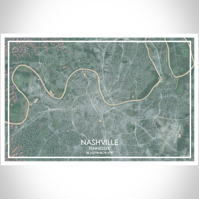 Nashville Tennessee Map Print Landscape Orientation in Afternoon Style With Shaded Background