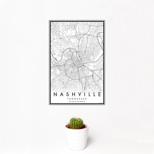 12x18 Nashville Tennessee Map Print Portrait Orientation in Classic Style With Small Cactus Plant in White Planter