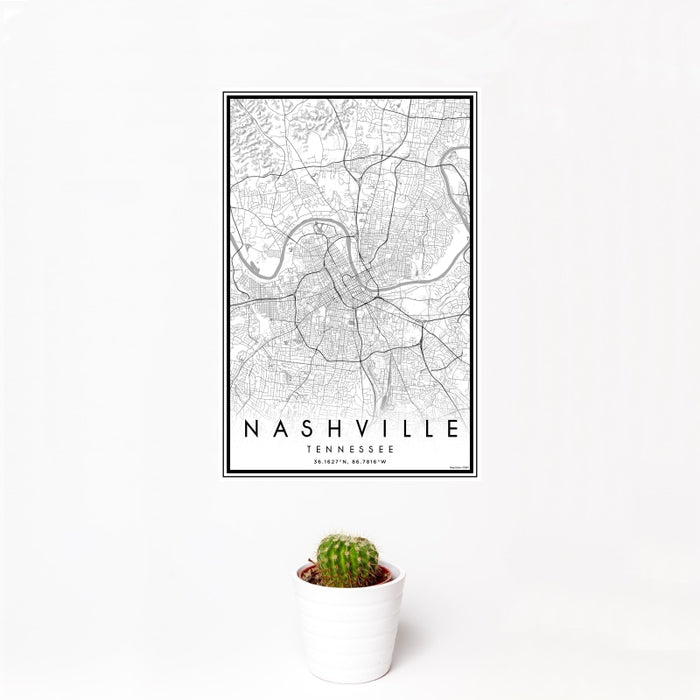 12x18 Nashville Tennessee Map Print Portrait Orientation in Classic Style With Small Cactus Plant in White Planter