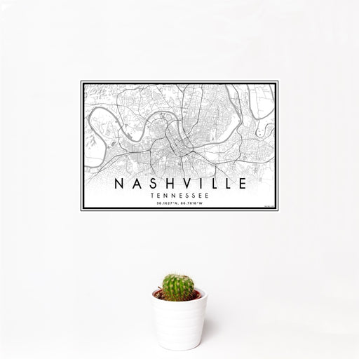 12x18 Nashville Tennessee Map Print Landscape Orientation in Classic Style With Small Cactus Plant in White Planter