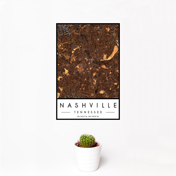 12x18 Nashville Tennessee Map Print Portrait Orientation in Ember Style With Small Cactus Plant in White Planter