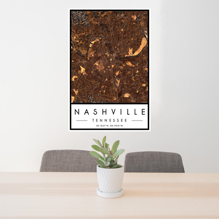 24x36 Nashville Tennessee Map Print Portrait Orientation in Ember Style Behind 2 Chairs Table and Potted Plant