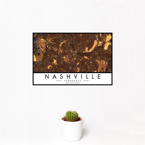 12x18 Nashville Tennessee Map Print Landscape Orientation in Ember Style With Small Cactus Plant in White Planter