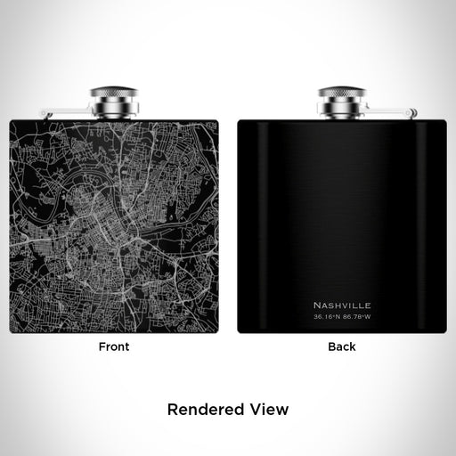 Rendered View of Nashville Tennessee Map Engraving on 6oz Stainless Steel Flask in Black