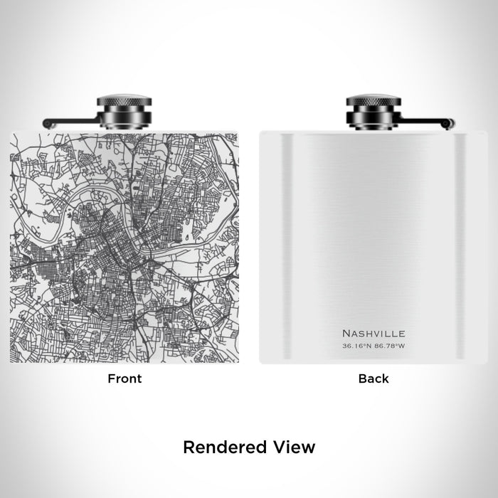 Rendered View of Nashville Tennessee Map Engraving on 6oz Stainless Steel Flask in White