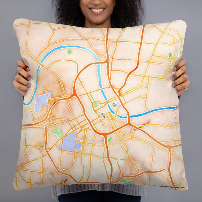 Person holding 22x22 Custom Nashville Tennessee Map Throw Pillow in Watercolor