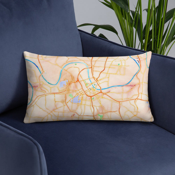 Custom Nashville Tennessee Map Throw Pillow in Watercolor on Blue Colored Chair