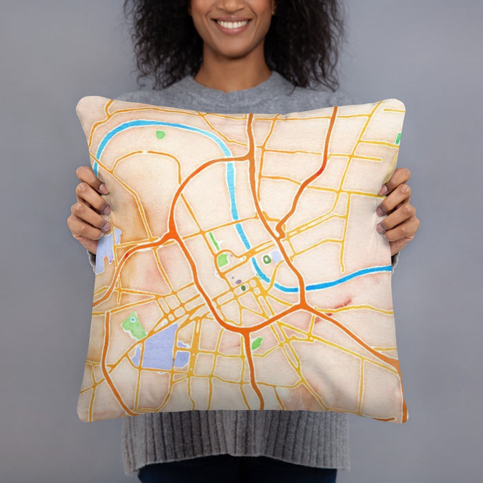 Person holding 18x18 Custom Nashville Tennessee Map Throw Pillow in Watercolor