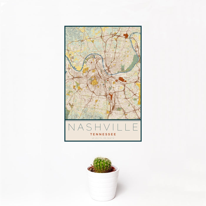 12x18 Nashville Tennessee Map Print Portrait Orientation in Woodblock Style With Small Cactus Plant in White Planter