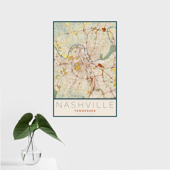 16x24 Nashville Tennessee Map Print Portrait Orientation in Woodblock Style With Tropical Plant Leaves in Water