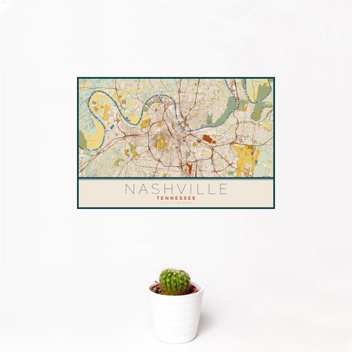 12x18 Nashville Tennessee Map Print Landscape Orientation in Woodblock Style With Small Cactus Plant in White Planter