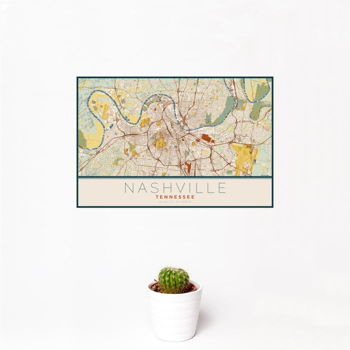 12x18 Nashville Tennessee Map Print Landscape Orientation in Woodblock Style With Small Cactus Plant in White Planter