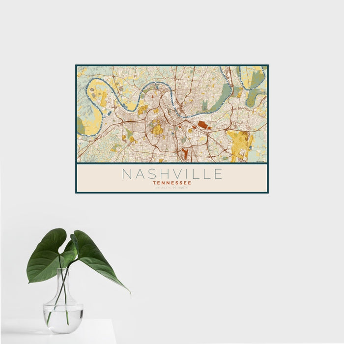 16x24 Nashville Tennessee Map Print Landscape Orientation in Woodblock Style With Tropical Plant Leaves in Water