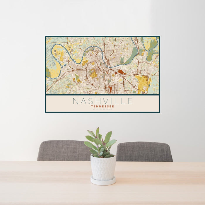 24x36 Nashville Tennessee Map Print Landscape Orientation in Woodblock Style Behind 2 Chairs Table and Potted Plant