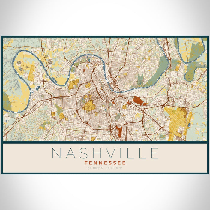 Nashville Tennessee Map Print Landscape Orientation in Woodblock Style With Shaded Background