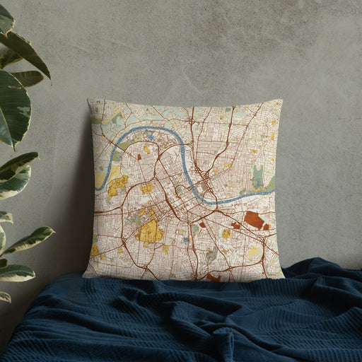 Custom Nashville Tennessee Map Throw Pillow in Woodblock on Bedding Against Wall