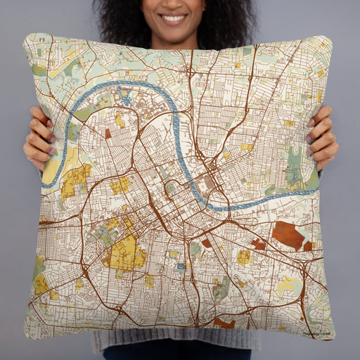 Person holding 22x22 Custom Nashville Tennessee Map Throw Pillow in Woodblock