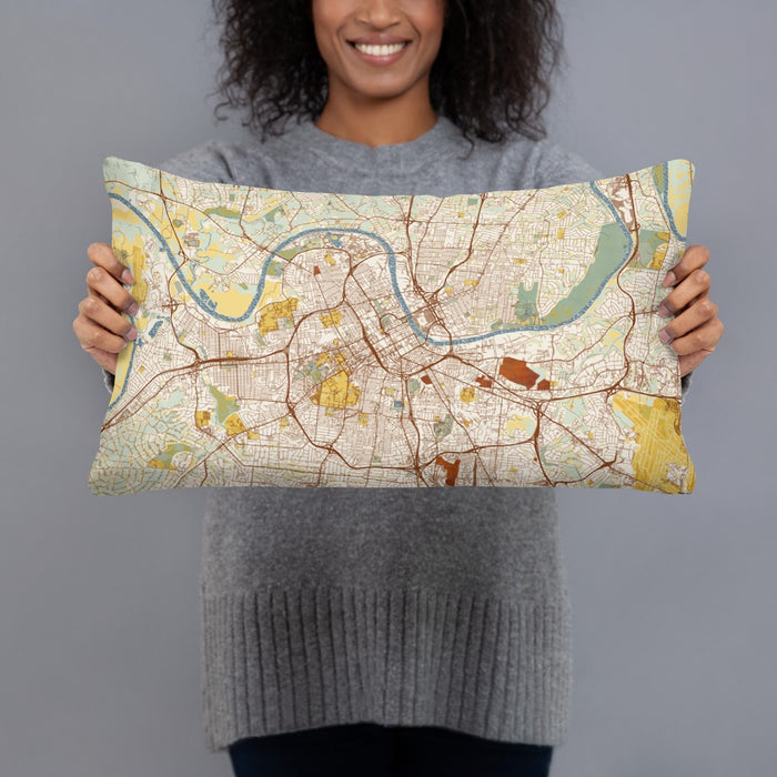Person holding 20x12 Custom Nashville Tennessee Map Throw Pillow in Woodblock